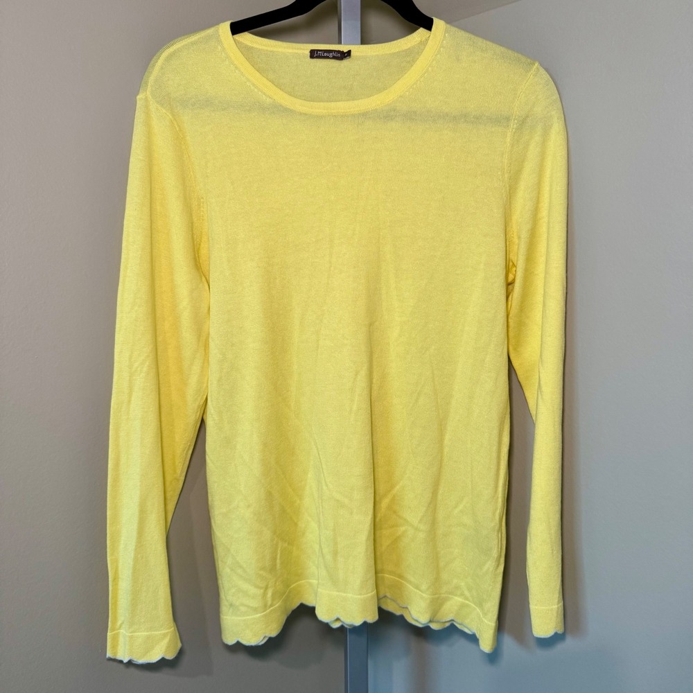 J.McLaughlin Yellow Cotton Blend Sweater Scalloped Hem Long Sleeve Womens M